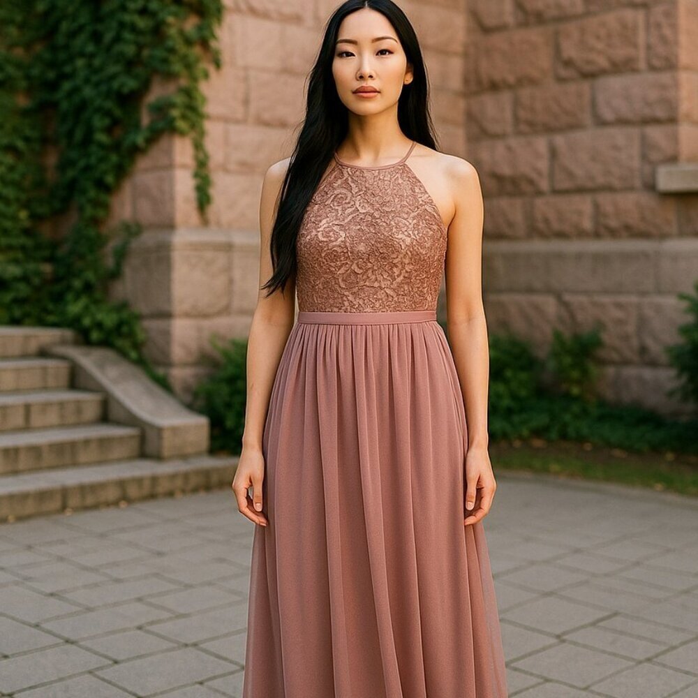Davids Bridal Size 4 Rose Gold Backless Sleeveless Bridesmaid Maxi Dress Damaged